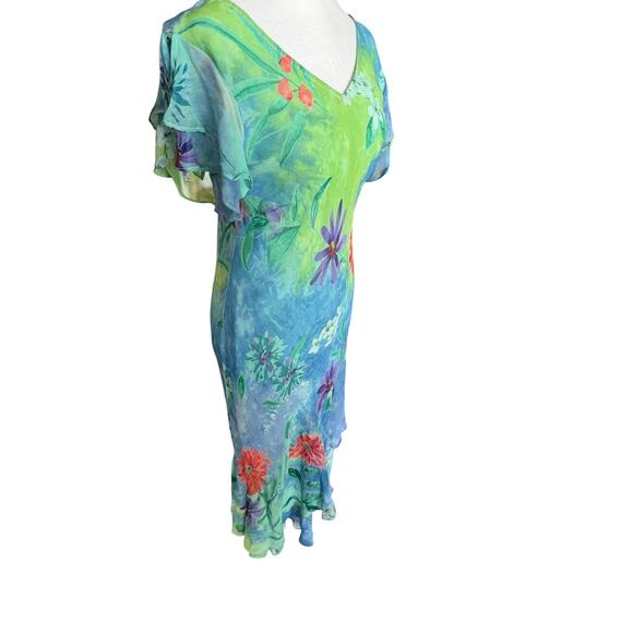 Vtg Silk Floral Dress Mermaid Asymmetrical Flutter Bias Cut Tropical Hawaiian - Picture 4 of 13